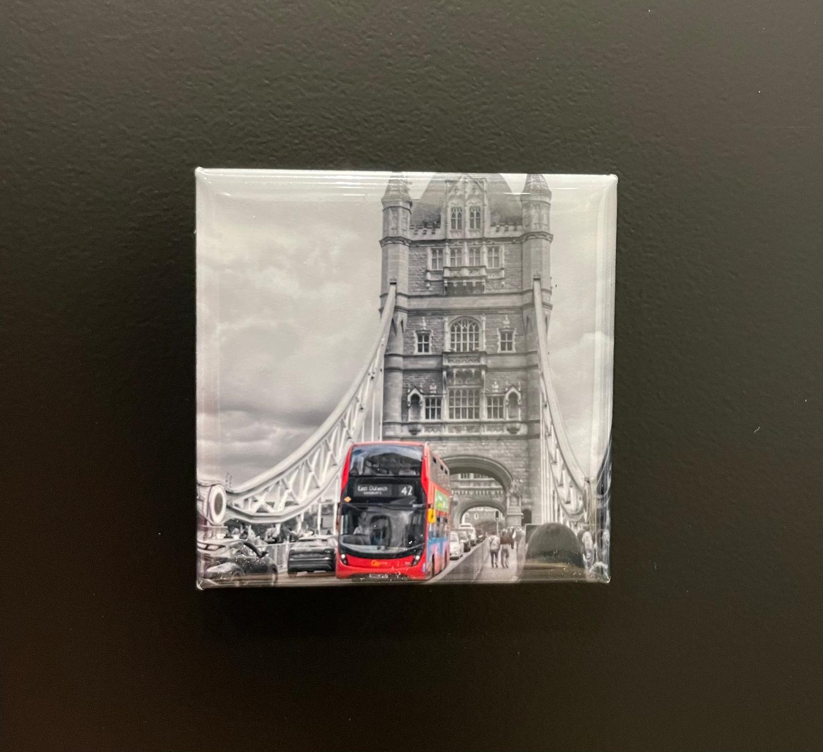 50mm x 50mm Fridge Magnet London Bridge, Red Bus.